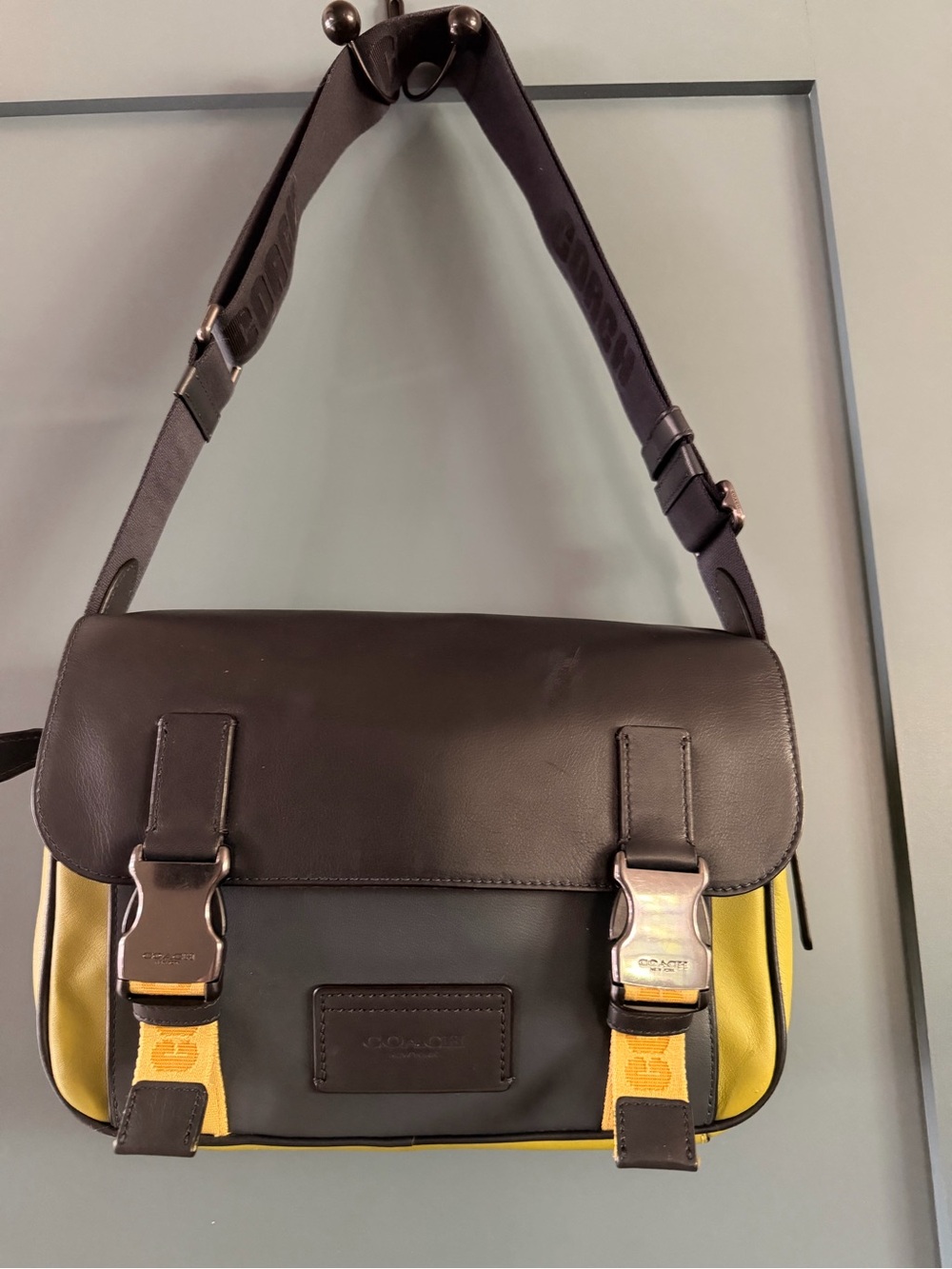 Coach Black Leather Messenger Bag with Yellow Panels